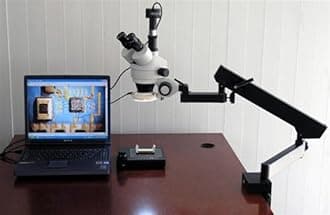 AmScope SM-6TY-FRL-M Digital Professional Trinocular Stereo Zoom Microscope, WH10x Eyepieces, 7X-90X Magnification, 0.7X-4.5X Zoom Objective, 8W Fluorescent Ring Light, Clamping Articulating Arm Stand, 110V-120V, Includes 2.0X Barlow Lens and 1.3MP Camera with Reduction Lens and Software