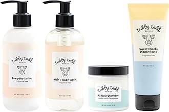 TUBBY TODD Baby Bath & Skincare Kit - The Baby Bundle - Shampoo and Body Wash, Everyday Lotion 8.5 Oz, All Over Ointment 3.5 Oz & Diaper Paste Cream 4 Oz Gift Set - Fragrance-Free