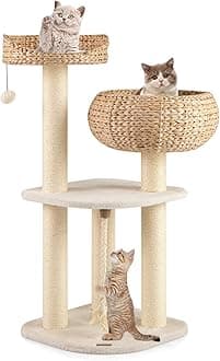 PETSITE 41 Inch Modern Cat Tree for Indoor Cats, Multi-Level Cute Cat Tree with Scratching Posts, Hand-Made Wicker Cat Condo & Top Perch, Dangling Ball, and Sisal Rope, Beige