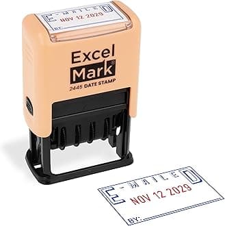 ExcelMark 2445 Date Stamp with Text - Blue and Red Ink (Peach Mount, Emailed)