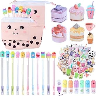 228 Pcs Kawaii Stationary Set Include Telescopic Pencil Pouch Case Bag Gel Ink Pen Sticky Note Bubble Tea Sticker Pill Highlighter Stationary Cute Supplies for Christmas(Vivid)