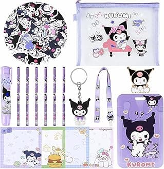 Cute School Supplies, Kawaii Stationary Set, Including Stickers, Pencils, Pen-Style Eraser, Sticky Note, Lanyard with ID Badge, Back to School Gift for Girls Boys Kids