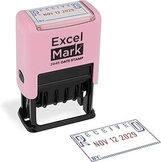 ExcelMark 2445 Date Stamp with Text - Blue and Red Ink (Pink Mount, Received)
